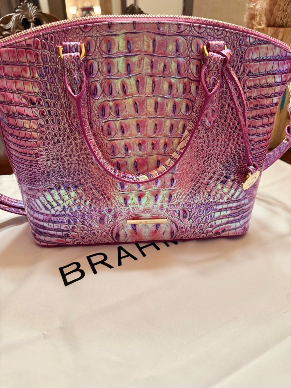 Brahmin vintage violet medium Duxbury Iridescent Magenta Croc-Embossed Satchel